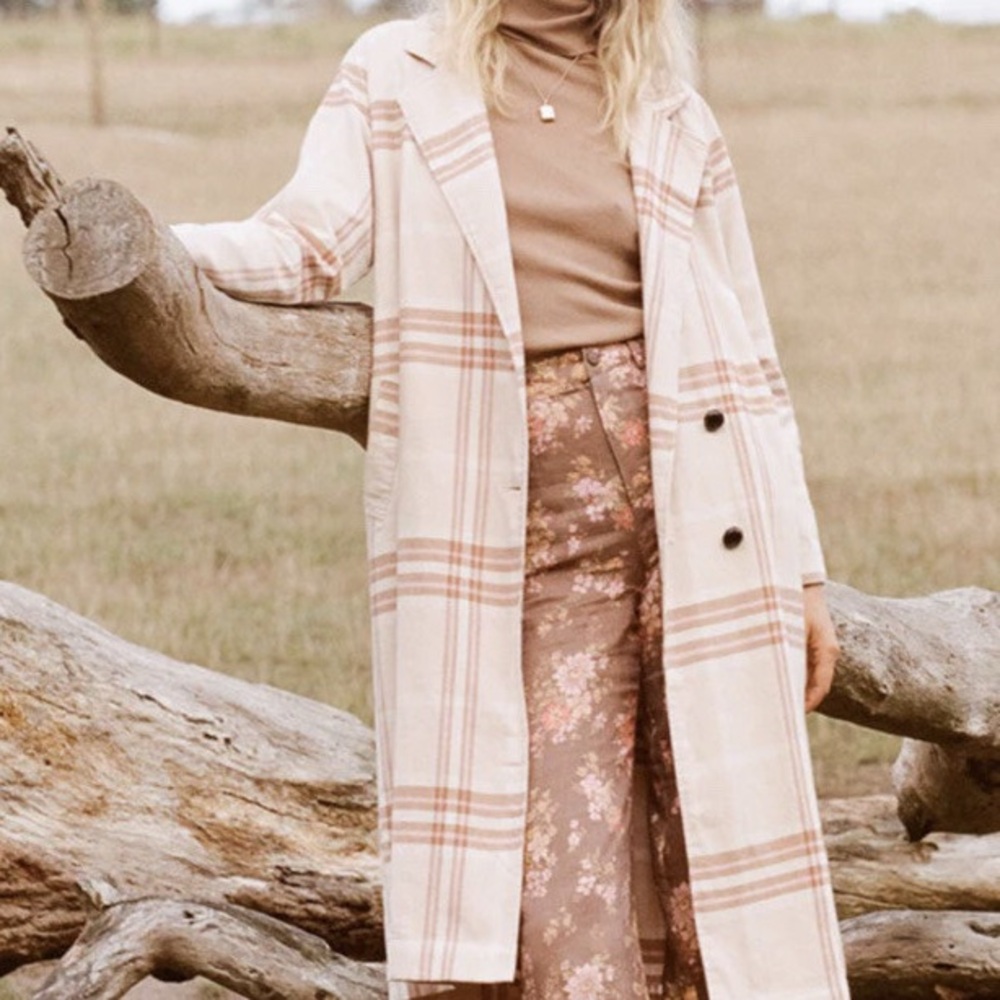 Spell & Gypsy Base Camp Trench Coat pink plaid longsleeve coastal boho designer